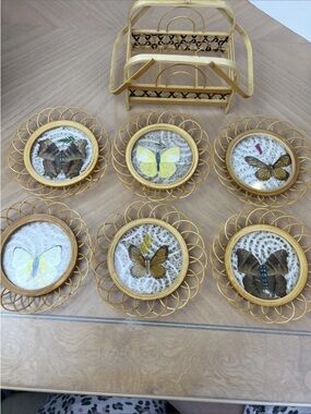 Vintage pressed butterfly wicker coasters
